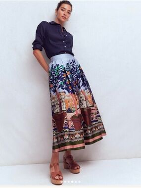 boden sateen blue//orange/brown midi skirt in charming balcony pattern, womens 4